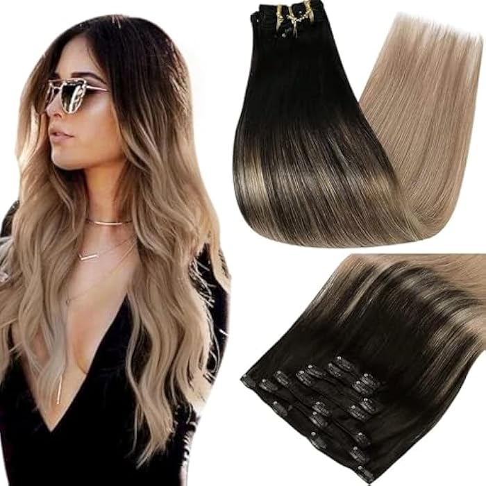 ECIF Blonde Extensions 14 Inch Clip in Hair Extensions Human Hair Color 1B Off Black Fading to 18 Ash Blonde 120 Gram Human Hair Extensions 7Pcs Clip in Human Hair for Women - Image 1